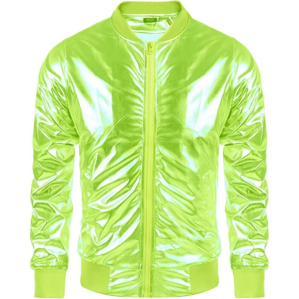 Men's Lemon Shiny Fabric Varsity Bomber Jacket Metallic Style Zipper Shirts